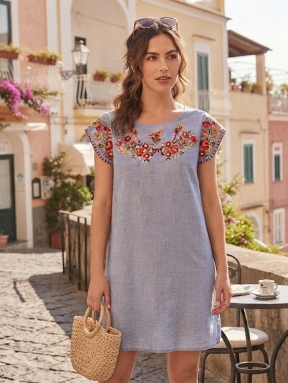 Light Blue Mini Dress with Floral Embroidery